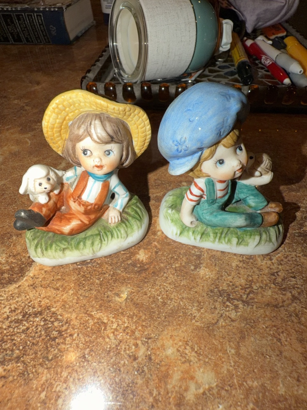 Vintage Homco Hand-Painted Ceramic Boy and Girl Figurine Set - Blue & Yellow